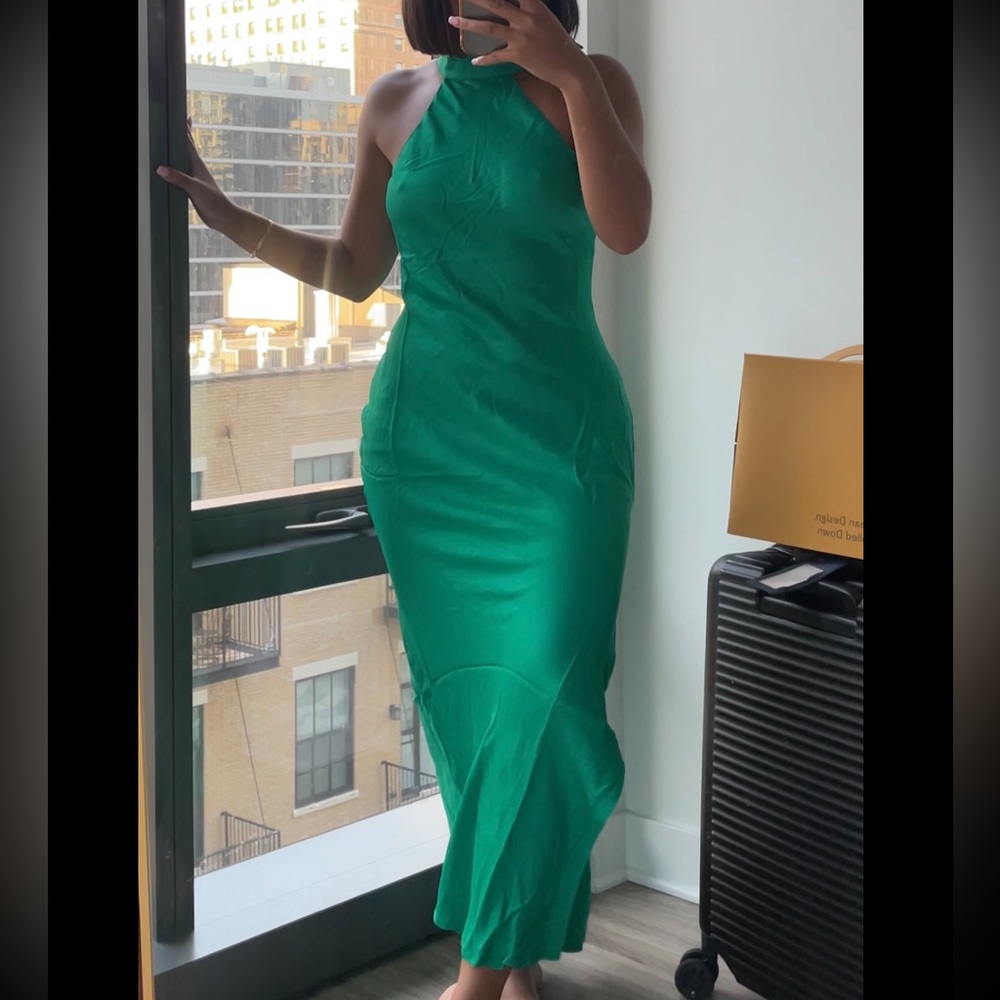 Meshki Satin Drape Back Maxi Dress with Split - Green
